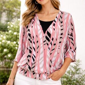 Chico's Pink Black White Faux Wrap Liquid Knit Top Size 3 ( XL) Modesty Panel